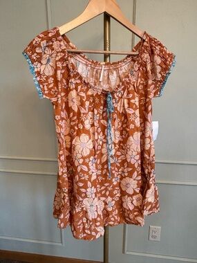Free People Floral Babydoll Top/ Dress in Rust with Blue Trim Xs/S NWT